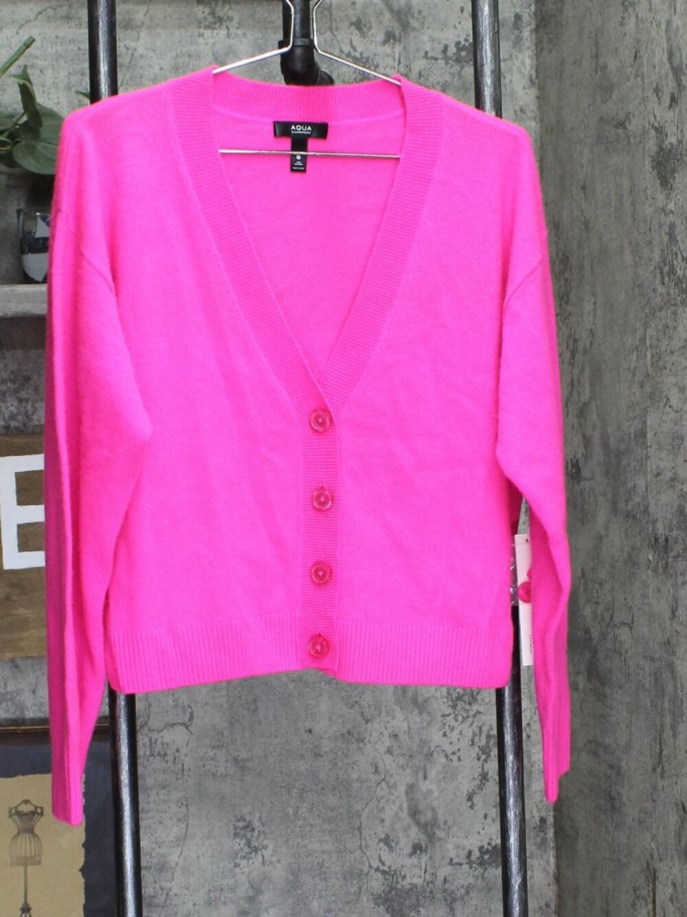 Aqua Pink Front Button Cashmere V Neck Cardigan Sweater V10337 Neon M Sz M